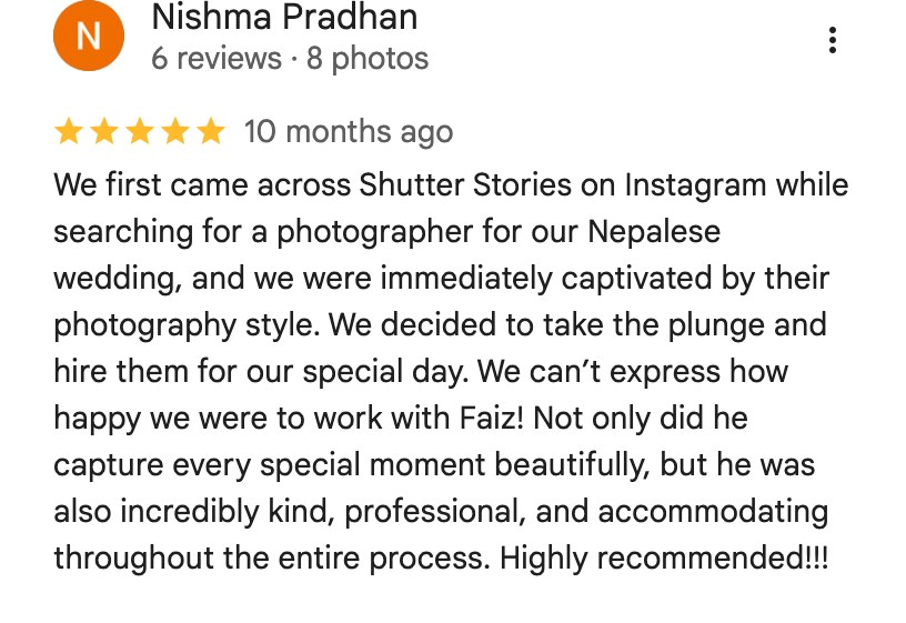 Five-star Google review from Nishma Pradhan: every special moment of their Nepalese wedding captured beautifully, with kindness and professionalism